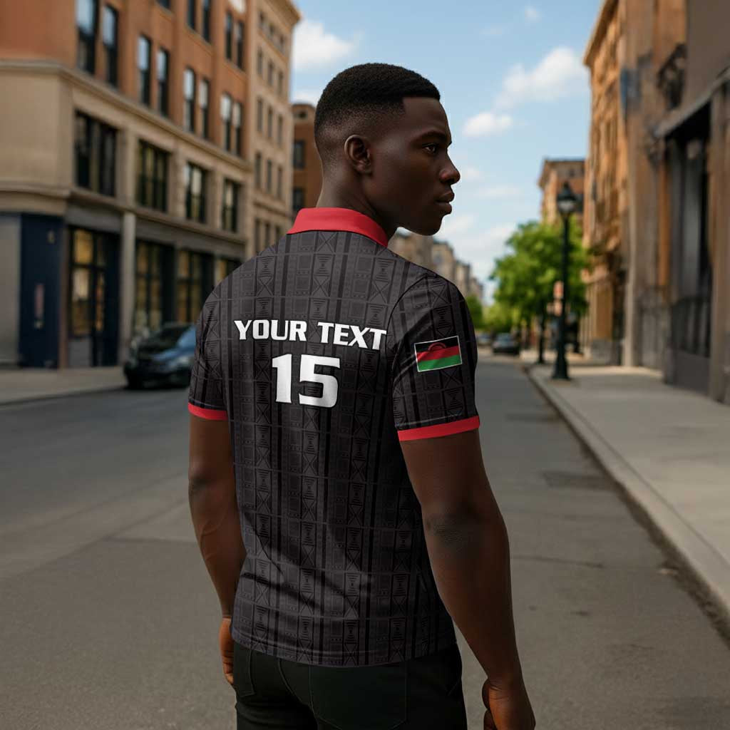 Custom Malawi Football Zipper Polo Shirt Come On Flames - Black