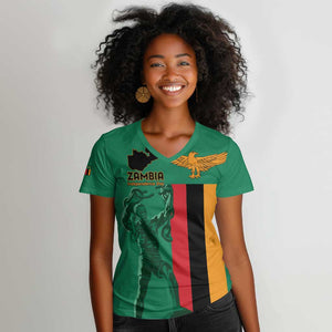 Zambia Independence Day Personalized Women V-Neck T-Shirt Statue of Freedom - African Pride