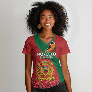 Personalised Afro Morocco Women V-Neck T-Shirt Happy Proclamation Day - African Pattern