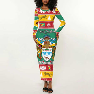 Afro Guyana Christmas Long Sleeve Bodycon Dress Mix Coat Of Arms LT15