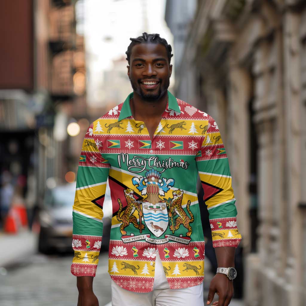 Afro Guyana Christmas Long Sleeve Button Shirt Mix Coat Of Arms