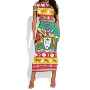 Afro Guyana Christmas Short Sleeve Bodycon Dress Mix Coat Of Arms LT15
