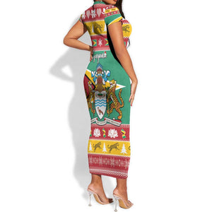 Afro Guyana Christmas Short Sleeve Bodycon Dress Mix Coat Of Arms LT15