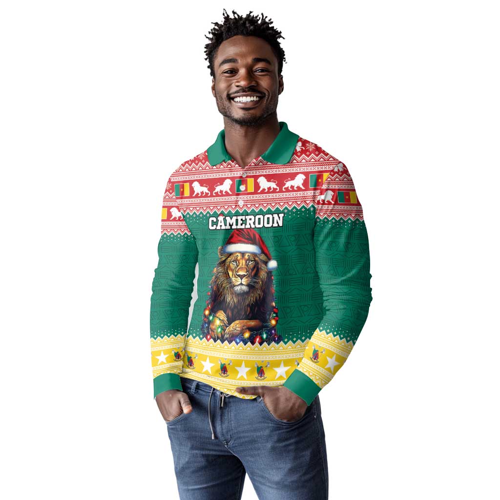 Cameroon Christmas Long Sleeve Polo Shirt Lion African Santa