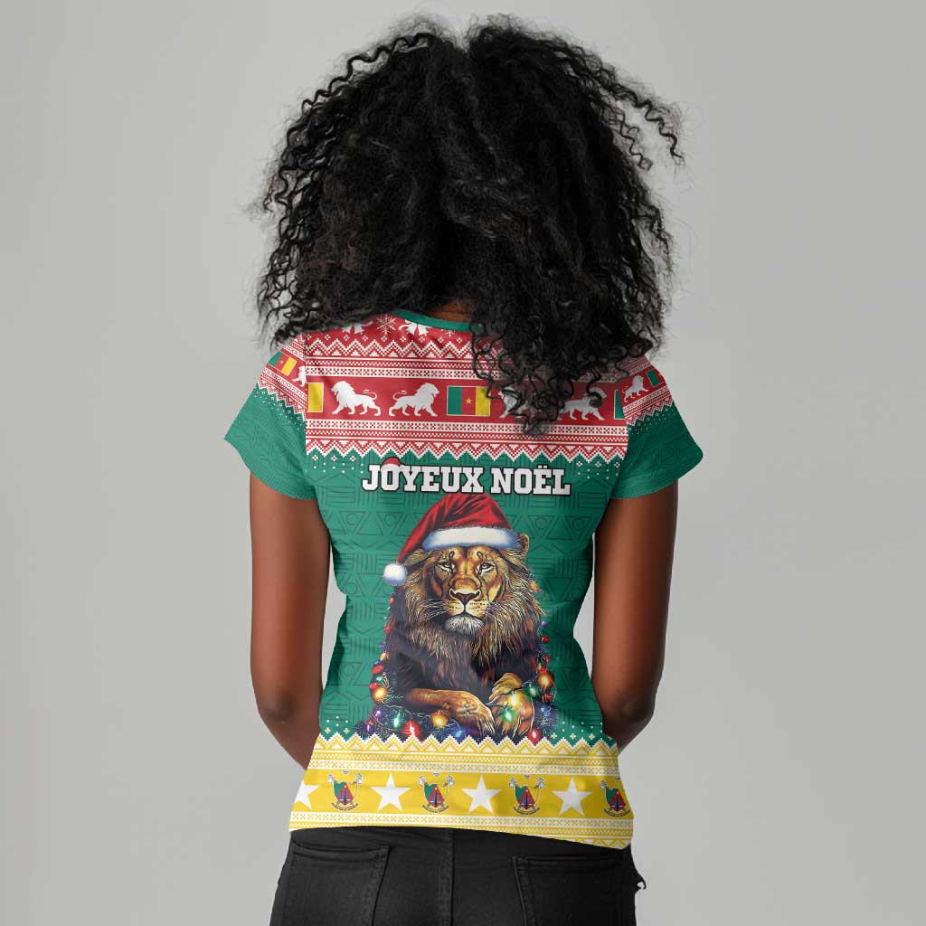 Cameroon Christmas Women V-Neck T-Shirt Lion African Santa