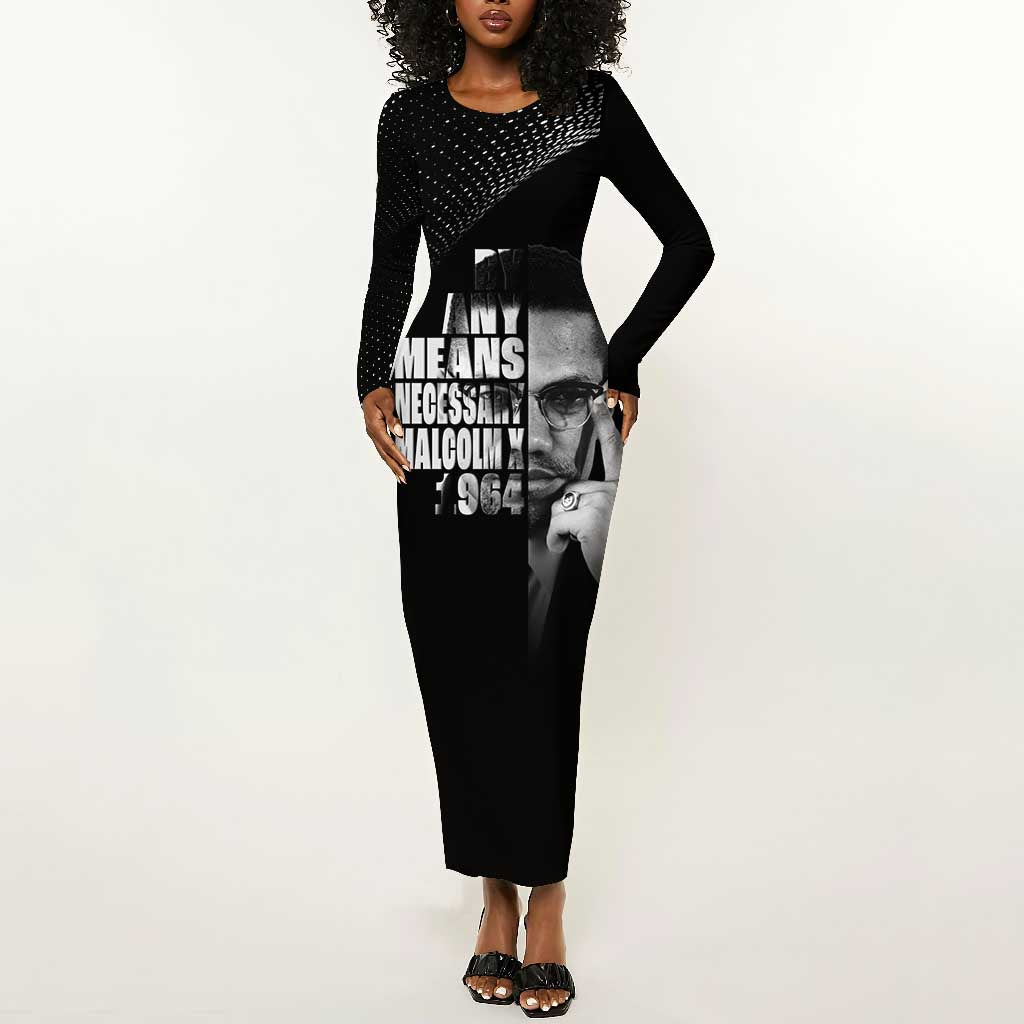 African America Heroes Malcolm X Long Sleeve Bodycon Dress By Any Means Necessary - African Pride