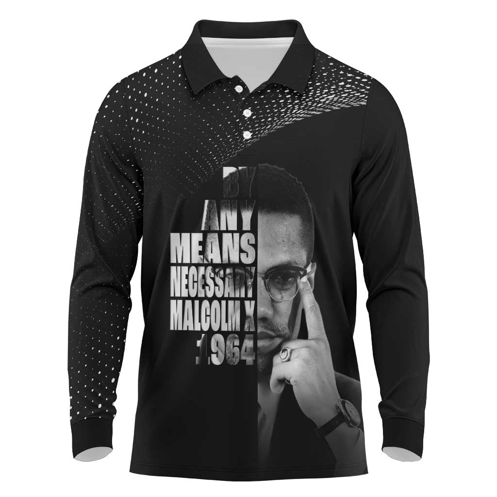 African America Heroes Malcolm X Long Sleeve Polo Shirt By Any Means Necessary - African Pride