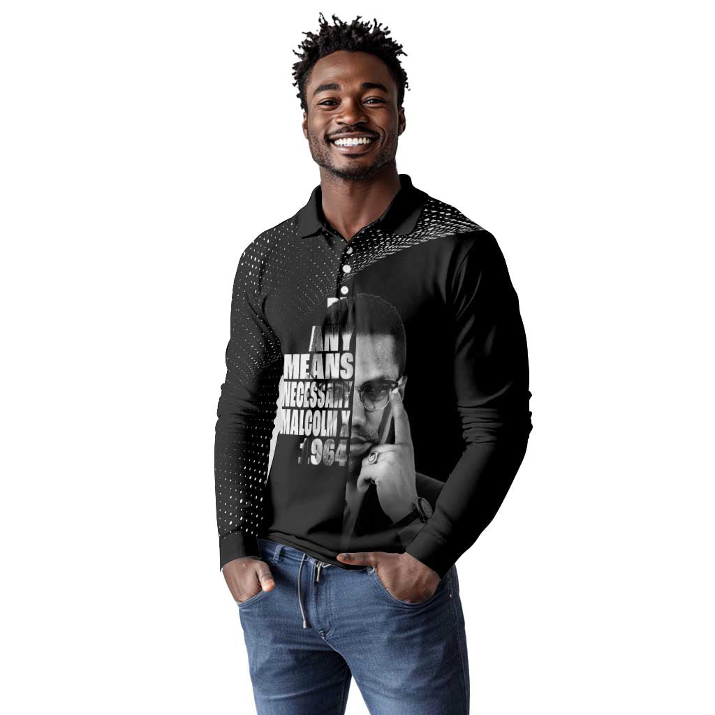 African America Heroes Malcolm X Long Sleeve Polo Shirt By Any Means Necessary - African Pride