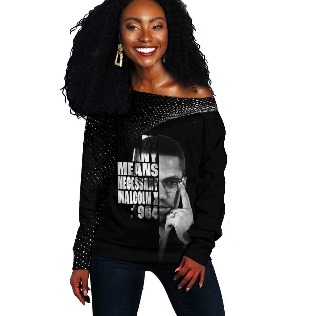 African America Heroes Malcolm X Off Shoulder Sweater By Any Means Necessary - African Pride