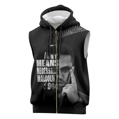African America Heroes Malcolm X Sleeveless Zip Hoodie By Any Means Necessary - African Pride