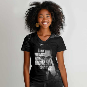 African America Heroes Malcolm X Women V-Neck T-Shirt By Any Means Necessary - African Pride