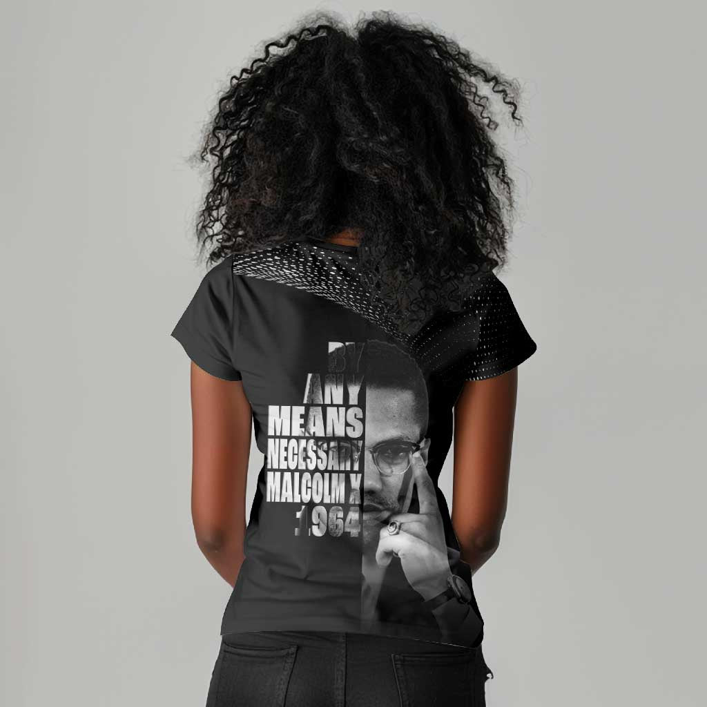 African America Heroes Malcolm X Women V-Neck T-Shirt By Any Means Necessary - African Pride
