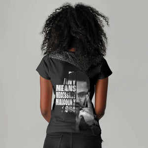 African America Heroes Malcolm X Women V-Neck T-Shirt By Any Means Necessary - African Pride