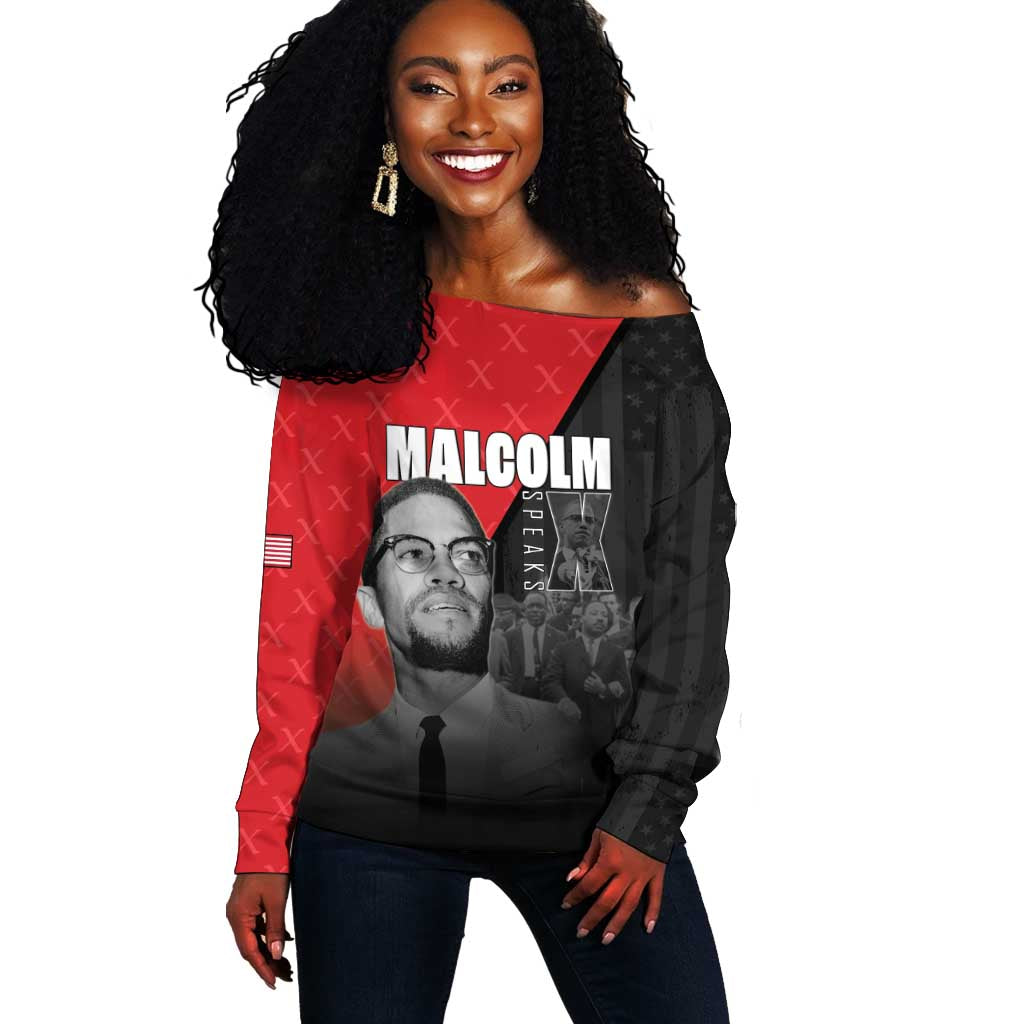 Malcolm X Speaks Off Shoulder Sweater Legacy of the Civil Rights Leaders - African Pride
