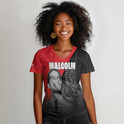Malcolm X Speaks Women V-Neck T-Shirt Legacy of the Civil Rights Leaders - African Pride