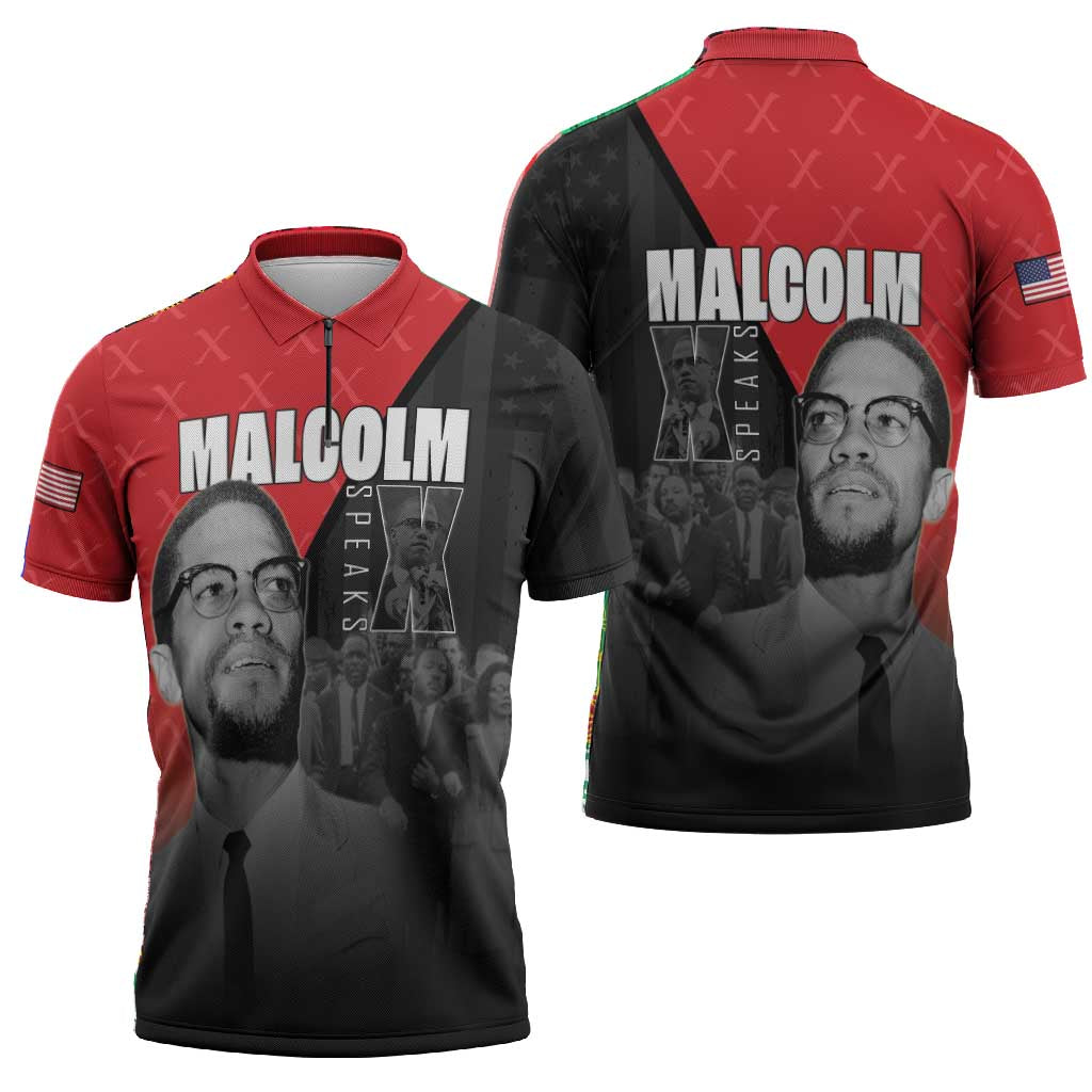 African America Heroes Zipper Polo Shirt Malcolm X Speaks