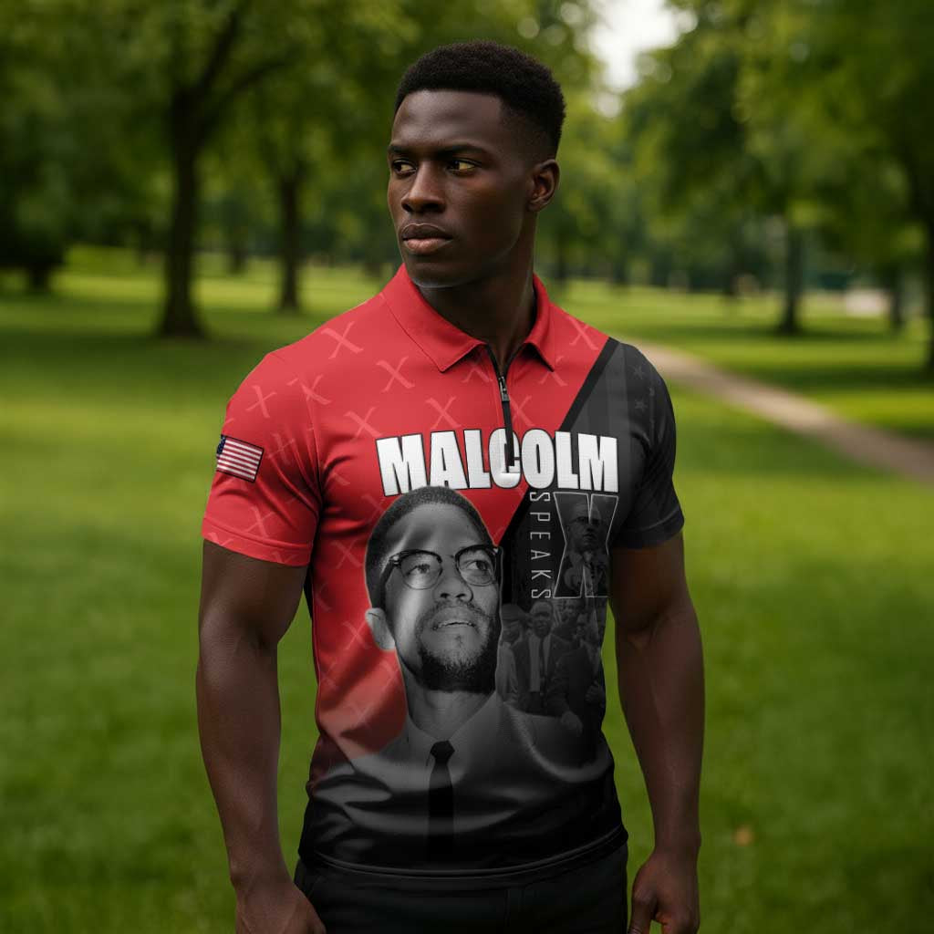 African America Heroes Zipper Polo Shirt Malcolm X Speaks