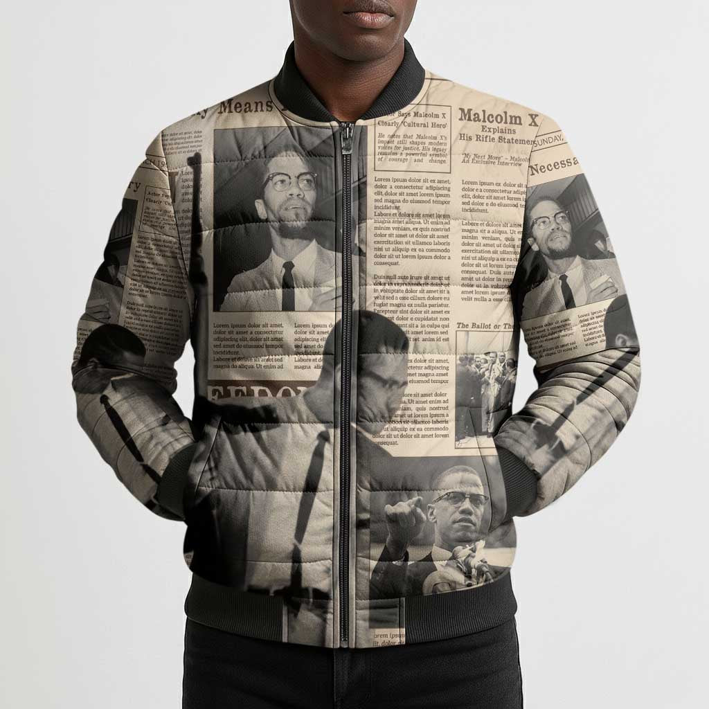 Malcolm X Bomber Puffer Jacket Vintage Newspaper Print Style