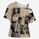 Malcolm X Cross Shoulder Shirt Vintage Newspaper Print Style