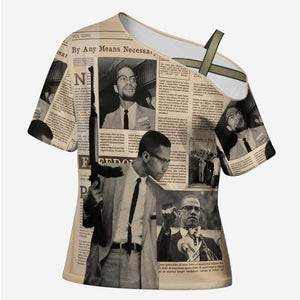 Malcolm X Cross Shoulder Shirt Vintage Newspaper Print Style