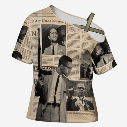 Malcolm X Cross Shoulder Shirt Vintage Newspaper Print Style
