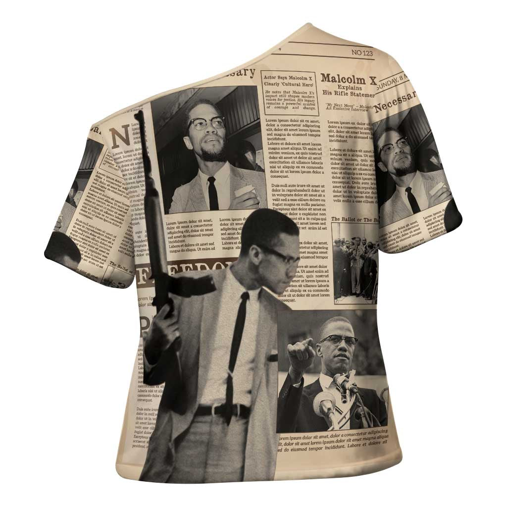 Malcolm X Cross Shoulder Shirt Vintage Newspaper Print Style