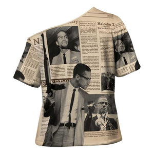 Malcolm X Cross Shoulder Shirt Vintage Newspaper Print Style