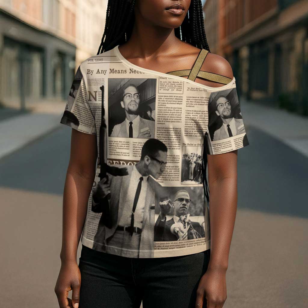Malcolm X Cross Shoulder Shirt Vintage Newspaper Print Style