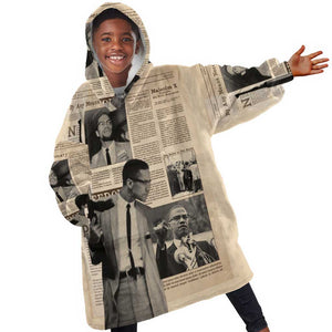 Malcolm X Vintage Newspaper Print Style Kid Wearable Blanket Hoodie - African Pride