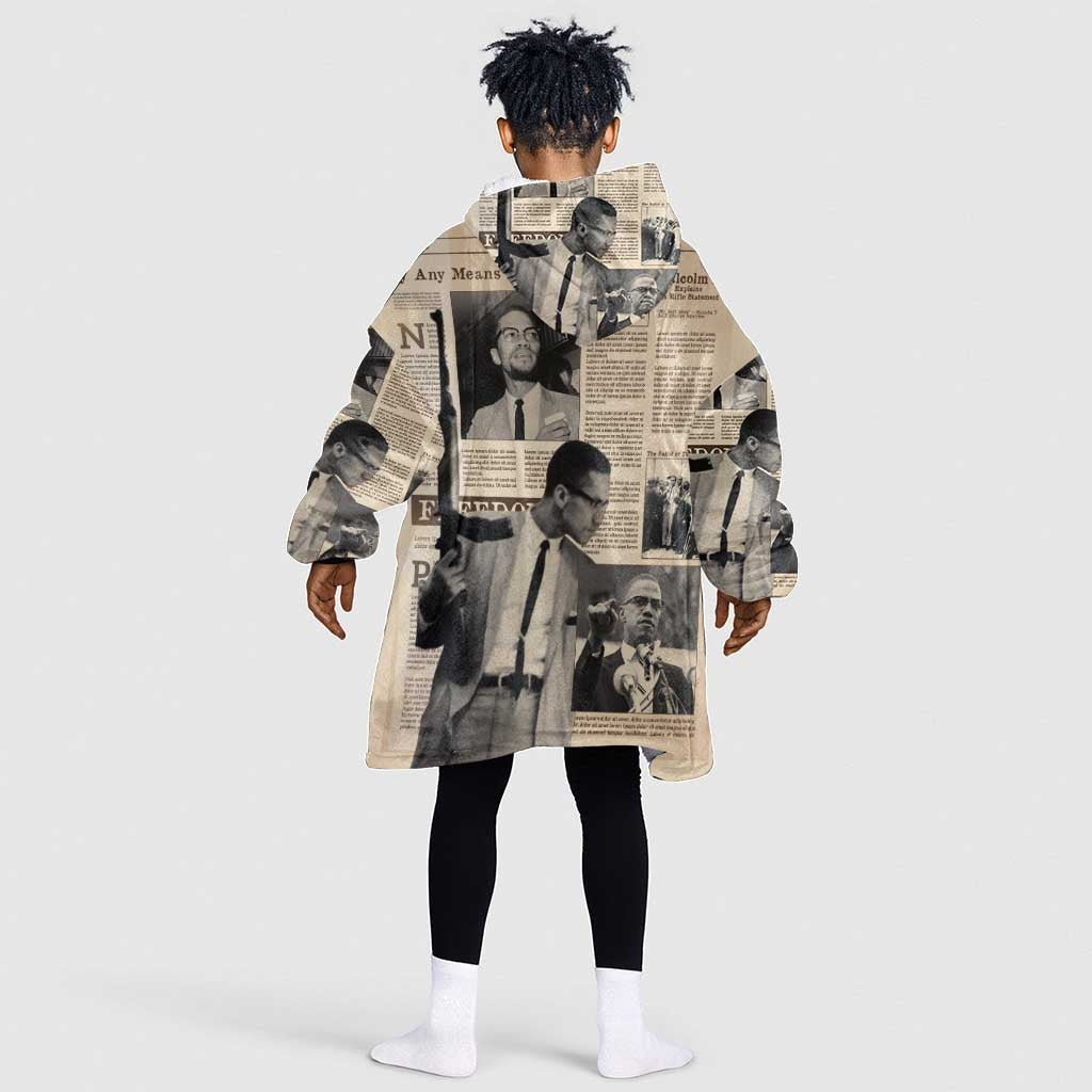 Malcolm X Vintage Newspaper Print Style Kid Wearable Blanket Hoodie - African Pride