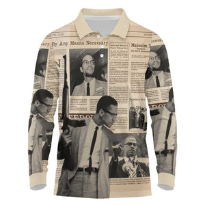 Malcolm X Vintage Newspaper Print Style Long Sleeve Polo Shirt - African Pride