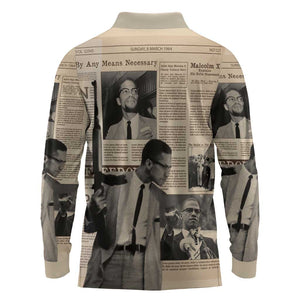 Malcolm X Vintage Newspaper Print Style Long Sleeve Polo Shirt - African Pride
