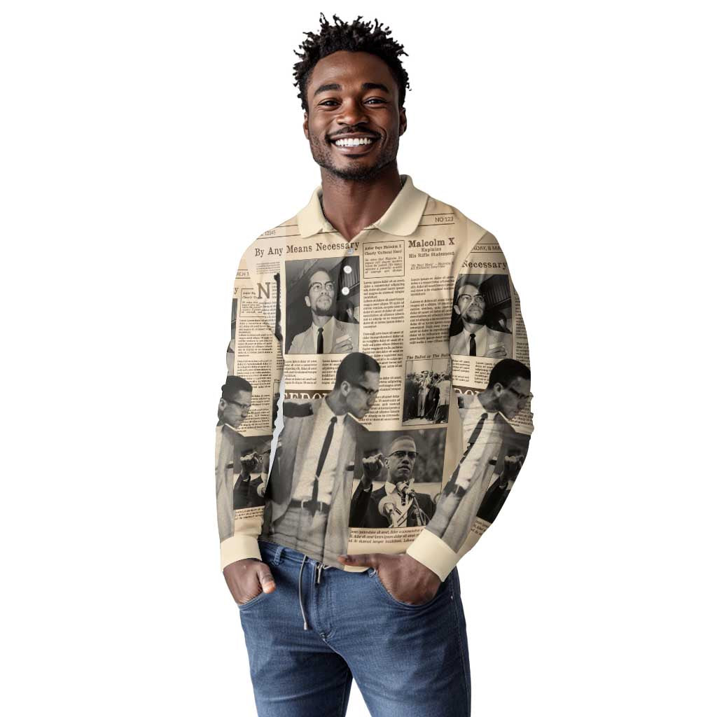 Malcolm X Vintage Newspaper Print Style Long Sleeve Polo Shirt - African Pride