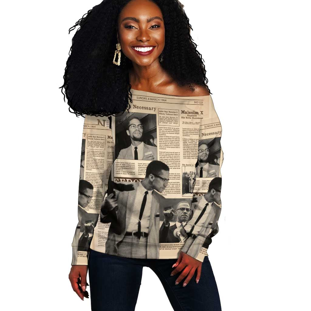 Malcolm X Vintage Newspaper Print Style Off Shoulder Sweater - African Pride