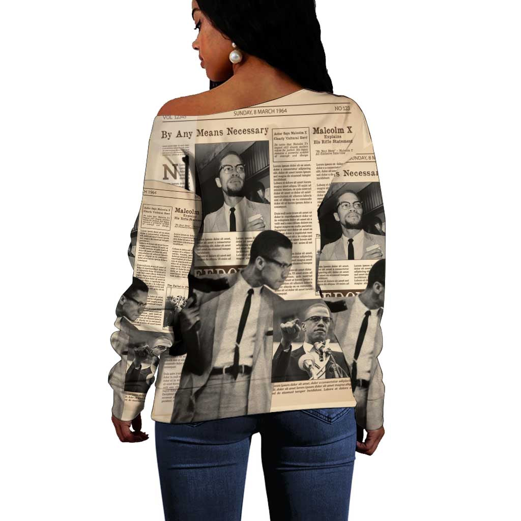 Malcolm X Vintage Newspaper Print Style Off Shoulder Sweater - African Pride