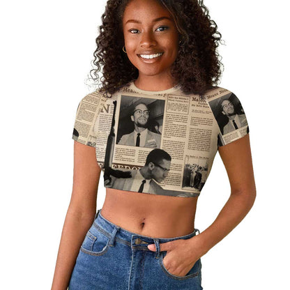 Malcolm X Vintage Newspaper Print Style Raglan Cropped T shirt - African Pride