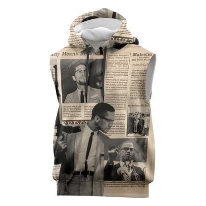 Malcolm X Vintage Newspaper Print Style Sleeveless Hoodie - African Pride
