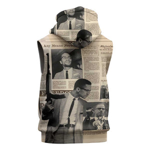 Malcolm X Vintage Newspaper Print Style Sleeveless Hoodie - African Pride