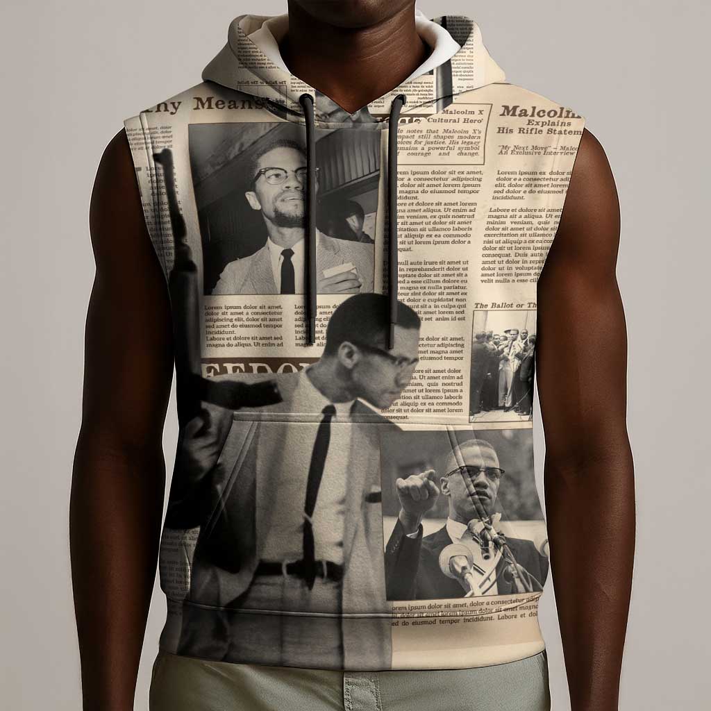 Malcolm X Vintage Newspaper Print Style Sleeveless Hoodie - African Pride