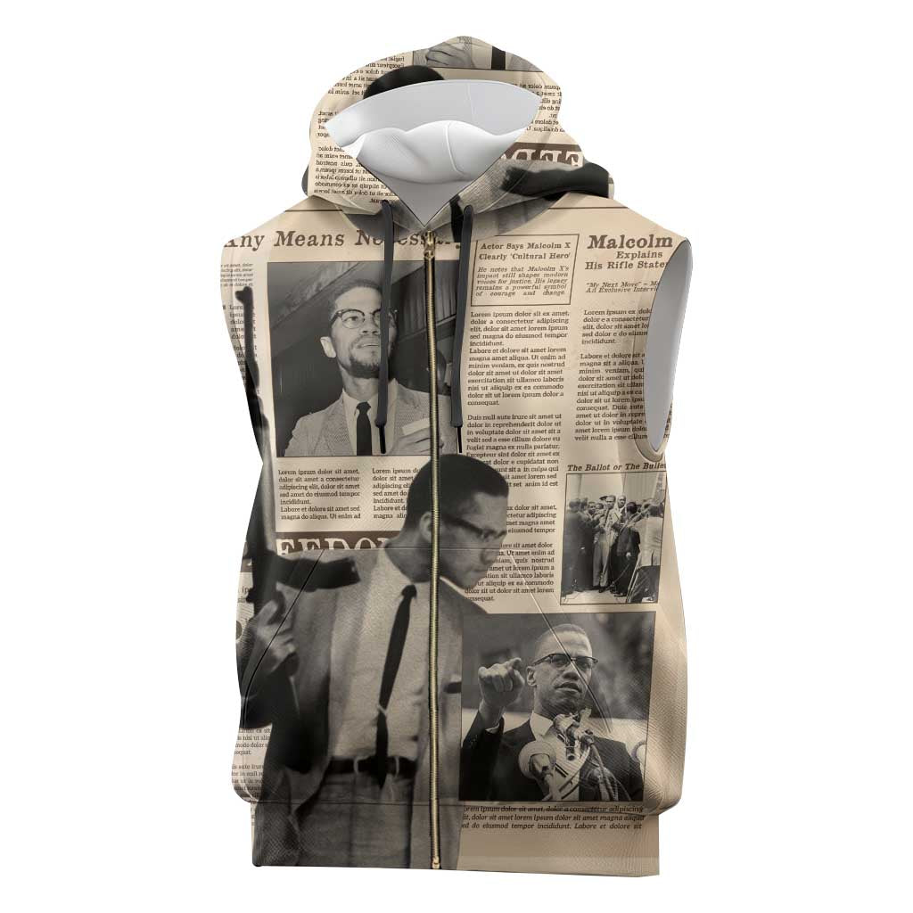 Malcolm X Vintage Newspaper Print Style Sleeveless Zip Hoodie - African Pride