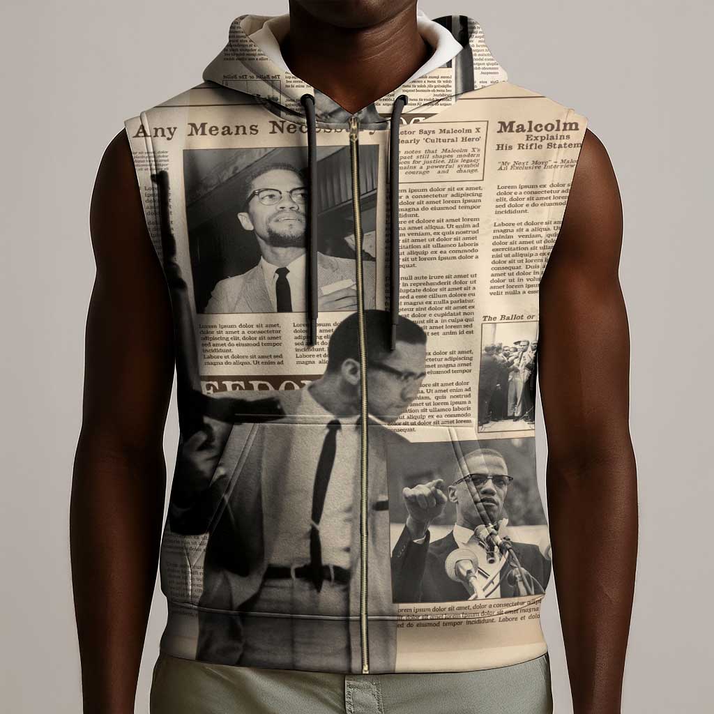 Malcolm X Vintage Newspaper Print Style Sleeveless Zip Hoodie - African Pride