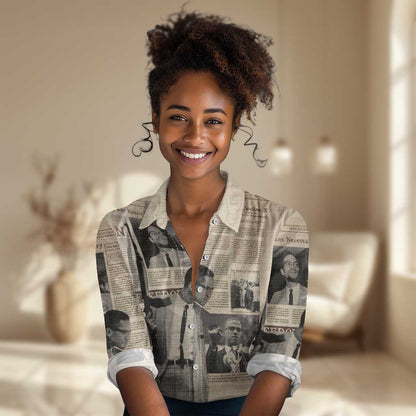 Malcolm X Vintage Newspaper Print Style Women Casual Shirt - African Pride