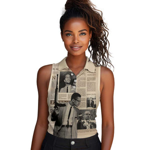 Malcolm X Vintage Newspaper Print Style Women Sleeveless Polo Shirt - African Pride