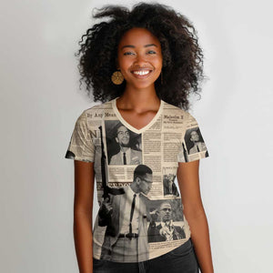 Malcolm X Vintage Newspaper Print Style Women V-Neck T-Shirt - African Pride