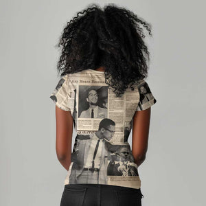Malcolm X Vintage Newspaper Print Style Women V-Neck T-Shirt - African Pride