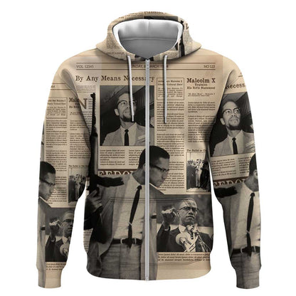 Malcolm X Vintage Newspaper Print Style Zip Hoodie - African Pride
