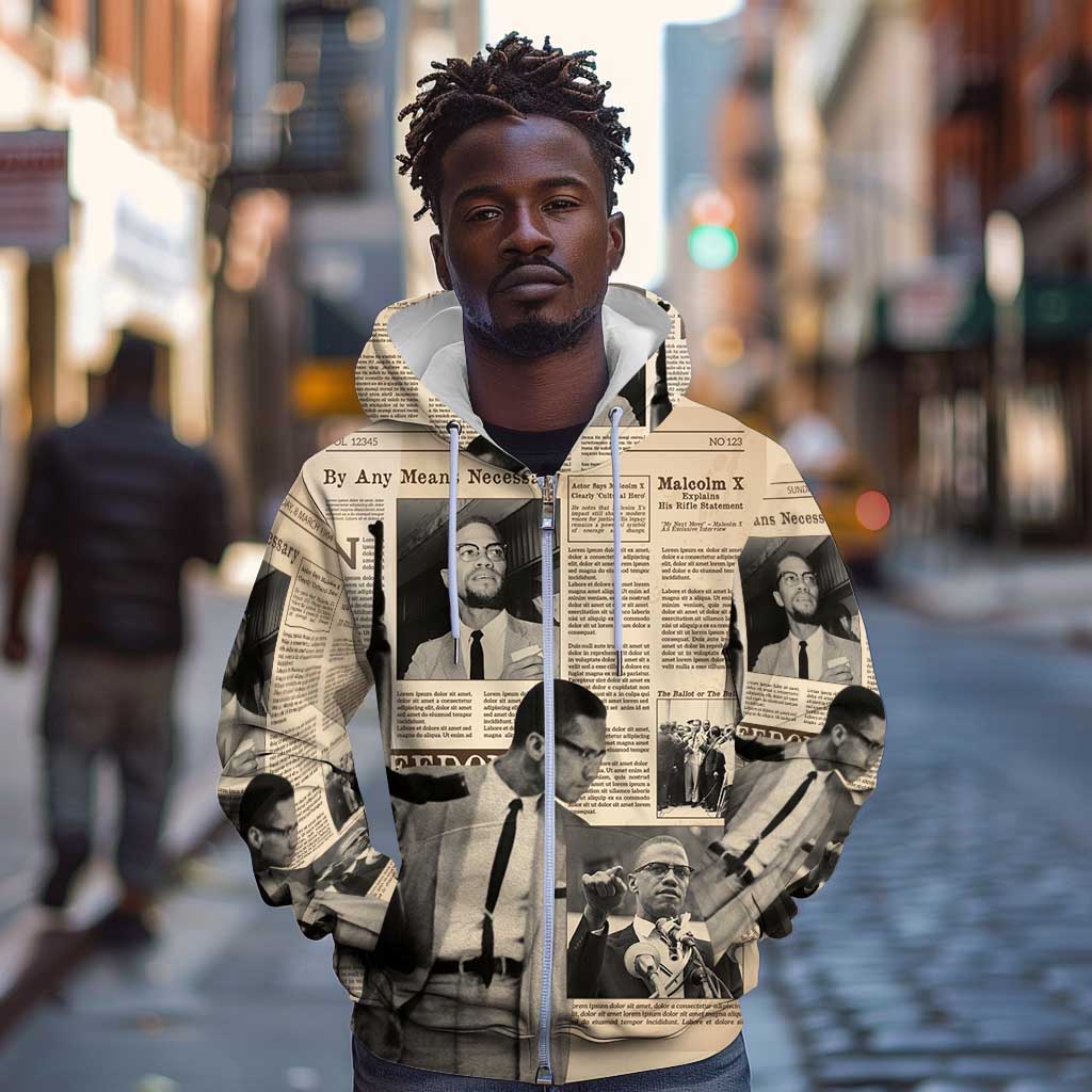 Malcolm X Vintage Newspaper Print Style Zip Hoodie - African Pride