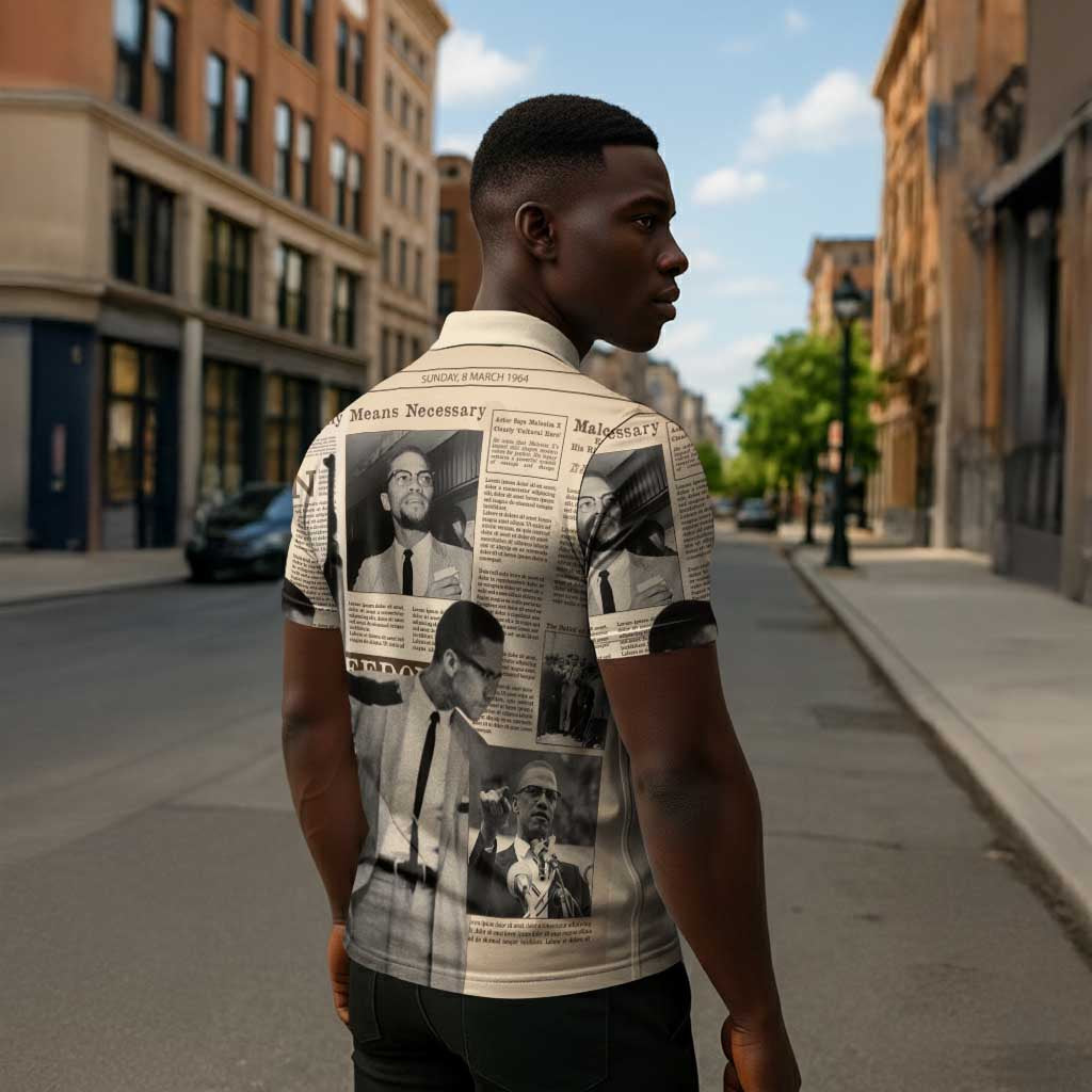 Malcolm X Zipper Polo Shirt Vintage Newspaper Print Style