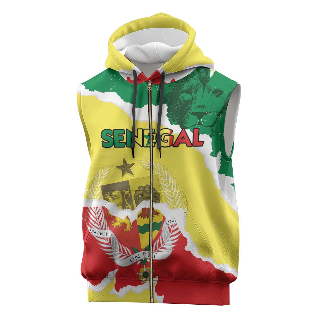 Custom Senegal Beach Soccer 2025 Sleeveless Zip Hoodie Go Champions - Grunge Style - African Pride