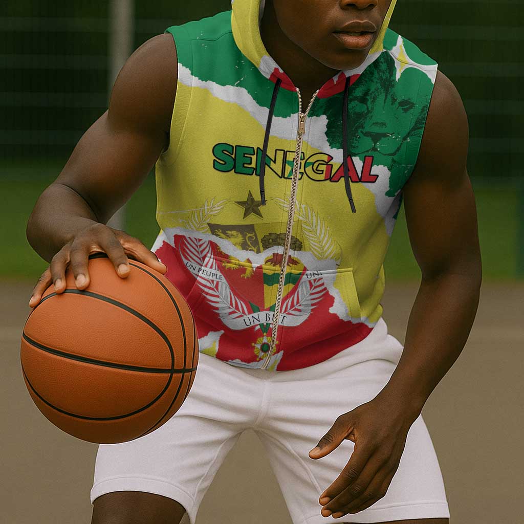 Custom Senegal Beach Soccer 2025 Sleeveless Zip Hoodie Go Champions - Grunge Style - African Pride